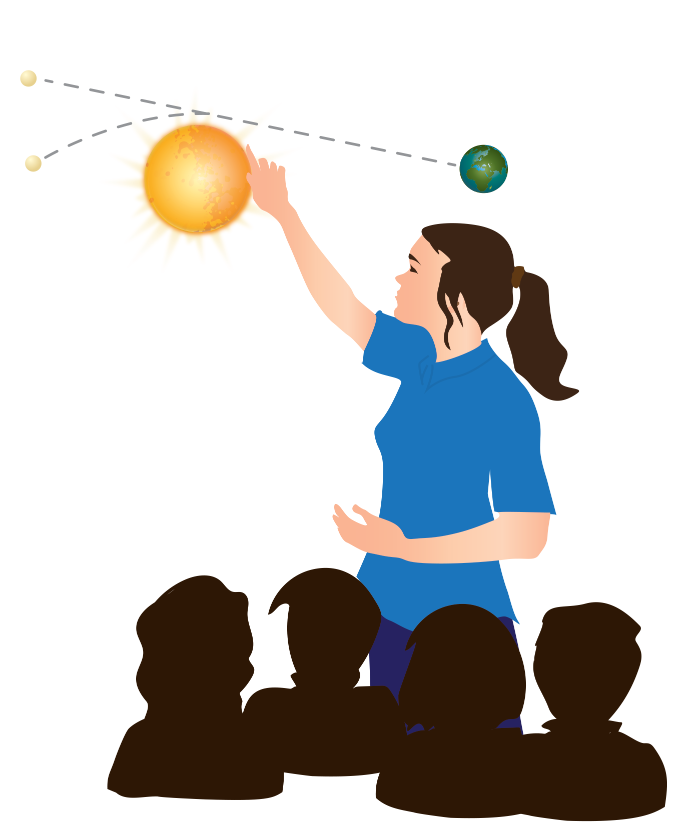 A woman with long hair in a ponytail gestures upward toward the sun with dotted lines indicating the orbits of the (much smaller) Earth and other stars. The silhouette of a group of students or viewers watches them. 