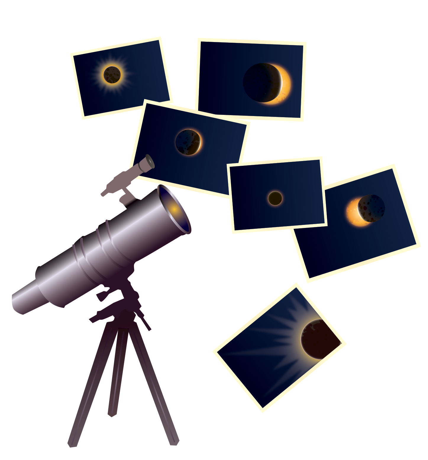  A telescope pointed toward the sky with pictures of various stages of solar eclipse portrayed behind it. 
